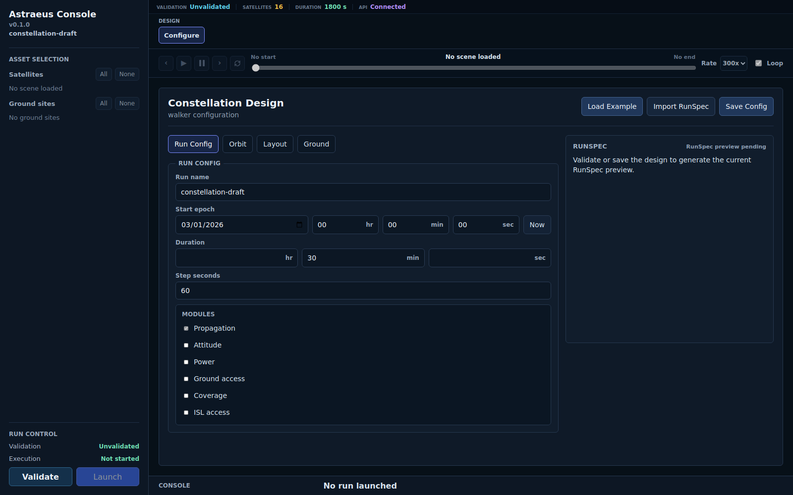 Astraeus Console Configure workspace with run controls, module toggles, RunSpec preview, validation state, and curated-example entry point.