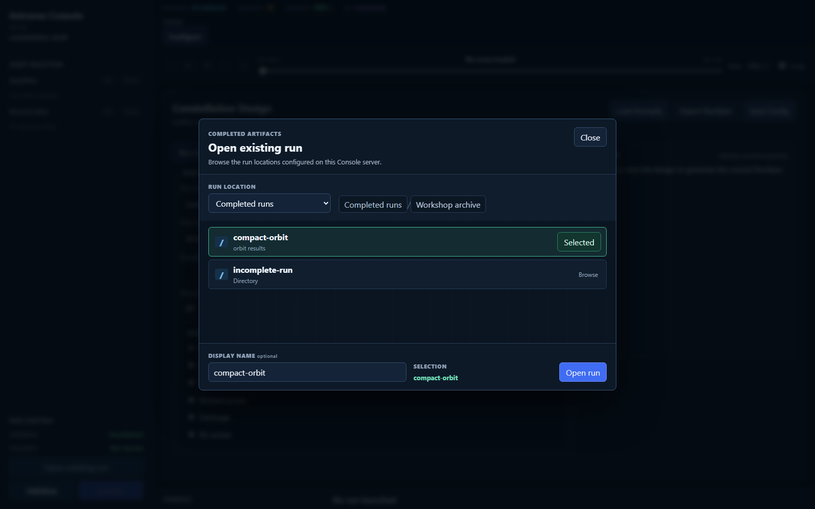 Open Existing Run dialog showing a completed orbit run selected within a configured run location.